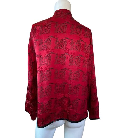 Vintage Chico's Asian Design Silk Button Down Shirt Red & Black sz 2= L - Picture 3 of 8